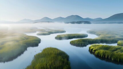 Obraz premium Estuaries are dynamic ecosystems where rivers meet the sea, blending freshwater with saltwater. These coastal zones are rich in biodiversity, supporting various plants, fish, birds, and other wildlife