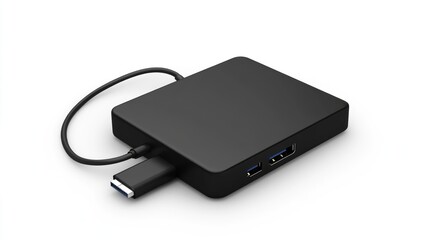 Black USB hub on white background;  computer accessory