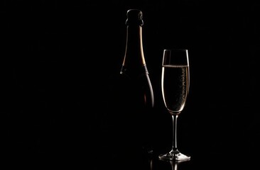 Champagne bottle and wine glass with transparent bubbles, black background, low key photo, high-end concept for a luxury holiday, curves, silhouette, close-up shape of the bottle and wine glass