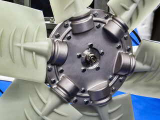Detailed view of a cooling fan assembly showcasing design and engineering at a technology expo