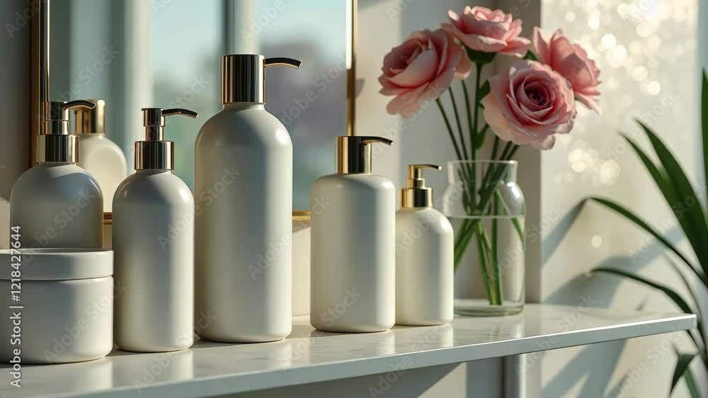 Poster A row of white bottles with gold tops sit on a shelf. A vase of pink roses sits on the shelf next to the bottles