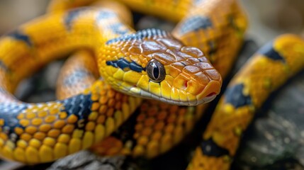 Fototapeta premium A yellow snake looks at the camera on a rock, AI generated image