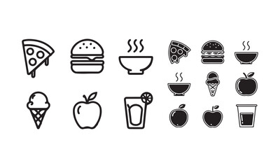 Food Icon Set Pizza, Burger, Soup, Ice Cream, Apple, Cupcake, Coffee, and Drinks Silhouettes