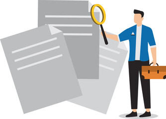 Work efficiency and productivity, manage excessive workload or paperwork, work evaluation to reach business goal, professional businessman checking pile of paperwork with magnifying glass