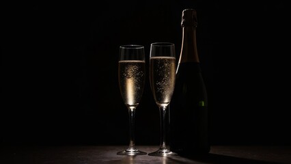 Champagne bottle and wine glass with transparent bubbles, black background, low key photo, high-end concept for a luxury holiday, curves, silhouette, close-up shape of the bottle and wine glass