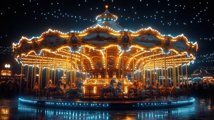 Illuminated carousel, night market, festive lights, winter
