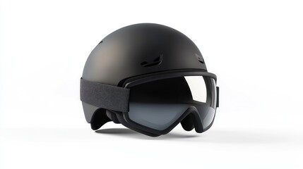 Obraz premium Black ski helmet and goggles on white background; winter sports safety