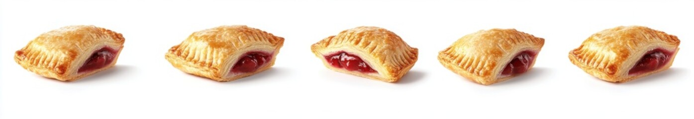 Cherry Filled Pastry: A row of five golden brown cherry filled pastries with a vibrant red filling.  The perfect visual for a bakery, dessert, or food blog.  