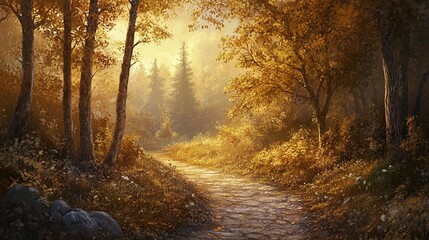 Obraz premium A serene path winds through a forest bathed in the warm, golden light of autumn, creating a magical and inviting atmosphere. 