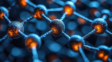 Intricate Network of Glowing Nodes Complex interconnected nodes forming a detailed network structure with an orange glow against a blue background