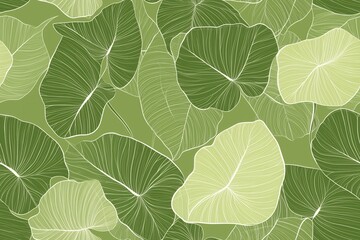 Obraz premium Padrão contínuo (seamless pattern) de folhas estilizadas em tons de verde com linhas delicadas em branco, criado com IA generativa. 
