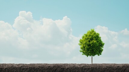 A solitary green tree stands against a bright sky, symbolizing nature's beauty and resilience amidst a serene landscape.
