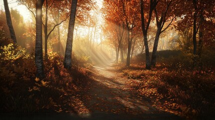 A quiet path snakes through a sunlit forest blanketed in golden autumn leaves, with beams of warm light filtering through the branches, inviting peaceful exploration.