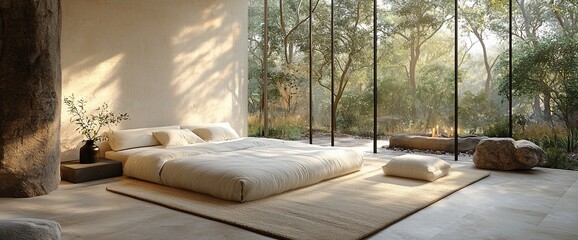 Minimalist bedroom with large window overlooking serene forest.