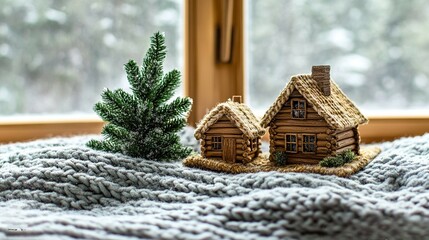 A pair of rustic wooden cabins sit alongside a miniature evergreen tree on a plush, knitted throw by a frosty window, evoking the coziness of a snowy winter morning.