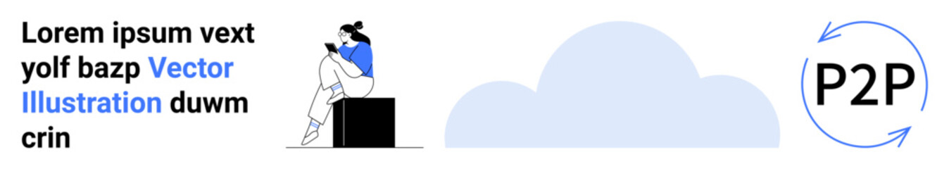 Person sitting on a black box working on a laptop next to a cloud icon and P2P cycle arrows. Ideal for technology, cloud computing, file sharing, digital communication, remote work, online