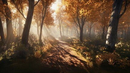 Fototapeta premium A narrow path cuts through a dense forest ablaze with golden autumn hues, with sunlight filtering through the trees, casting long, dappled shadows across the ground