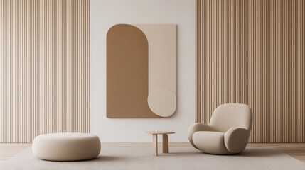 A serene interior featuring a minimalist design with a beige color palette, a unique wall art piece, and modern furniture.