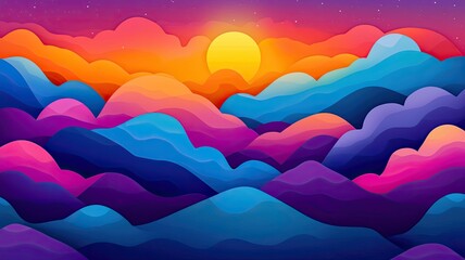 Fototapeta premium A vibrant sunset over colorful, layered mountains, showcasing a gradient of purples, pinks, and oranges against a starry sky.