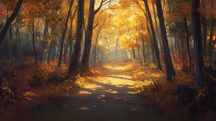 A narrow path cuts through a dense forest ablaze with golden autumn hues, with sunlight filtering through the trees, casting long, dappled shadows across the ground