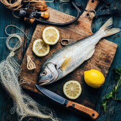 Freshly Caught Fish Preparation Coastal Kitchen Food Rustic Setting Overhead Culinary Concept