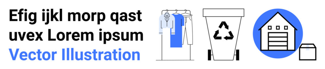 Recycling bin with symbol, closet with hanging clothes, garage icon. Ideal for sustainability, organization, storage solutions, recycling programs, waste management, home improvement minimalism