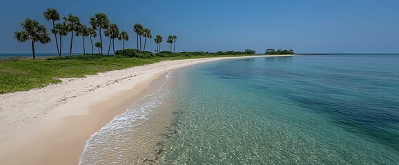 Obraz premium Secluded tropical beach with palm trees and clear turquoise water.