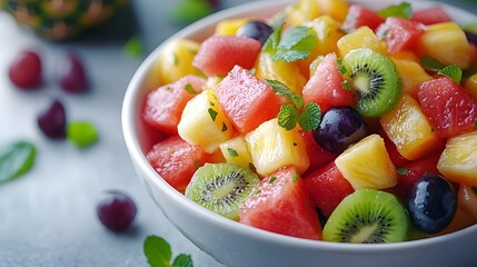 A top-down view of a pristine white bowl of fresh fruit salad with juicy chunks of watermelon, pineapple, grapes, and kiwi, isolated against a plain white background, showcasing the freshness 
