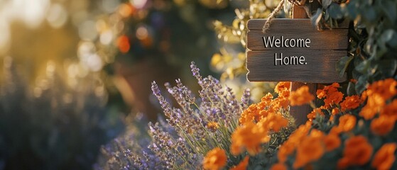 Flowers in garden with wooden Welcome Home sign creating a warm and inviting atmosphere. Perfect for home decor, gardening, or welcoming themes.