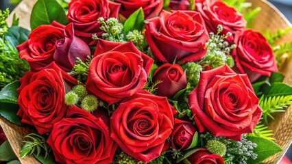 Obraz premium A beautiful bouquet of fresh red roses with greenery and floral wrap , red, floral design, red, floral design, roses