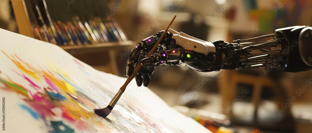 Poster robot hand painting on canvas with vibrant colors in a creative art studio, showcasing innovation in