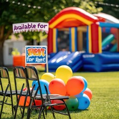Colorful Party Supply Rental Setup with Bounce House Outdoor Event Playful Atmosphere Family-Friendly Environment