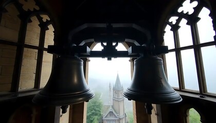 Two Large Bells in a Gothic Tower Overlooking a Church