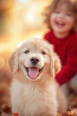 Golden retriever puppy playing with child in autumn leaves, capturing joyful moments and companionship in outdoor family activities and pet bonding experiences.