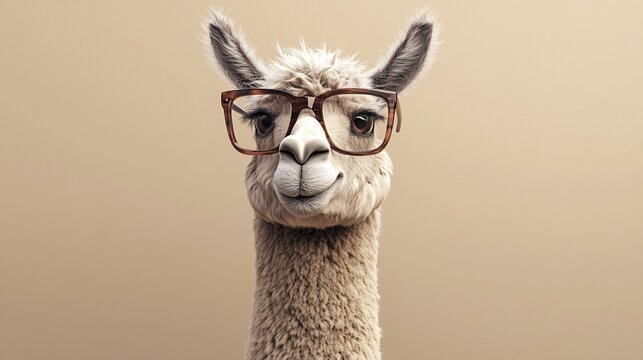 Cute llama wearing glasses smiles at the camera closely.