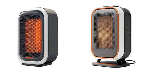 Set of a The electric heater, a square white model with orange flames inside, isolated on transparent background.