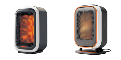 Set of a The electric heater, a square white model with orange flames inside, isolated on transparent background.