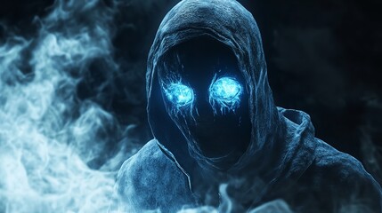 Colorful spooky ghost face with a blue glow 
