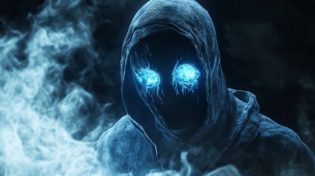 Colorful spooky ghost face with a blue glow 