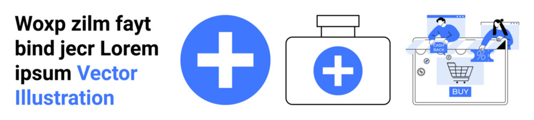 Fototapeta premium Medical icons including a cross sign and bottle, alongside an online shopping interface with two people. Ideal for healthcare, ecommerce, telemedicine, pharmacy delivery, digital health services