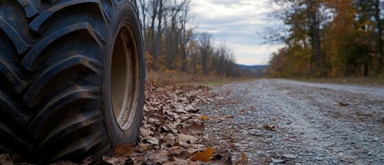Tractor tire on gravel road surrounded by autumn leaves, representing rural farming, agriculture machinery, outdoor landscapes, and country living in nature.