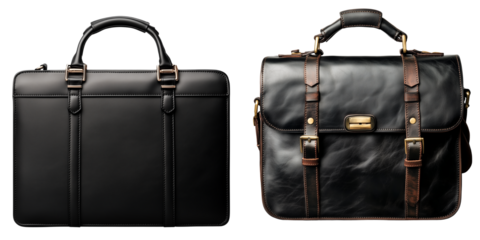 Set of a Black leather briefcase, isolated on transparent background.