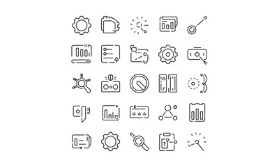 Technology and Data Icon Set Gears, Analytics, Speed, and System Control Symbols