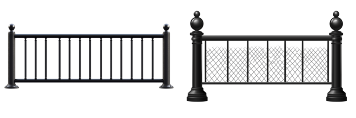  Set of a Black metal crowd control street barrier fence, isolated on transparent background.