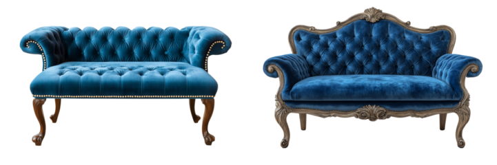 Set of a Blue velvet bench, isolated on transparent background. 