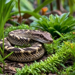 Snake Slithering Over Rainforest Floor Amidst Ferns and Leaves