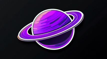 3D planet Saturn with purple rings on a black background, in a sticker style.