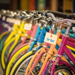 Colorful Bicycles for Rent in Urban Environment Lifestyle Vibrant Perspective Cycling