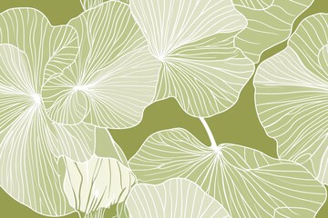 Padrão contínuo (seamless pattern) de folhas estilizadas em tons de verde com linhas delicadas em branco, criado com IA generativa.
