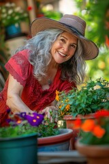 Fototapeta premium Gardening enthusiast tending to vibrant flowers in pots, enjoying a sunny day outdoors. Home gardening, floral care, and nurturing plants as a relaxing hobby.